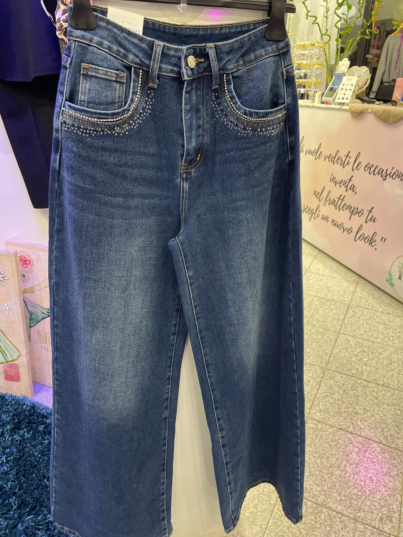 Jeans Wide Leg Denim con Strass