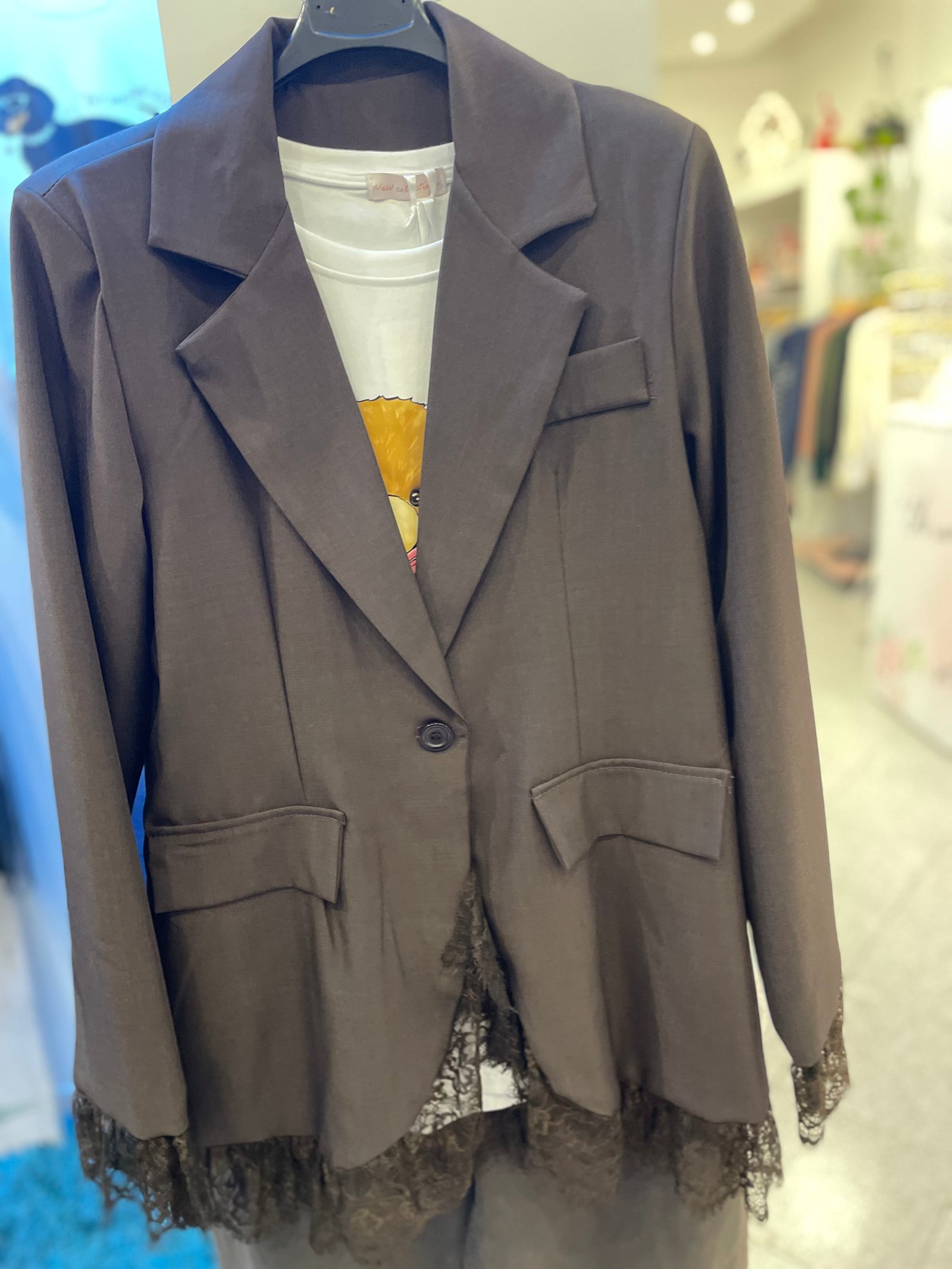 Blazer Marrone con Dettagli in Pizzo
